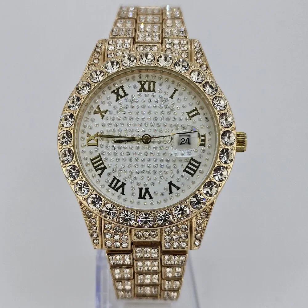 Unisex Watch 42MM Crystal Bling Gold Case Gold Band Date 7.5